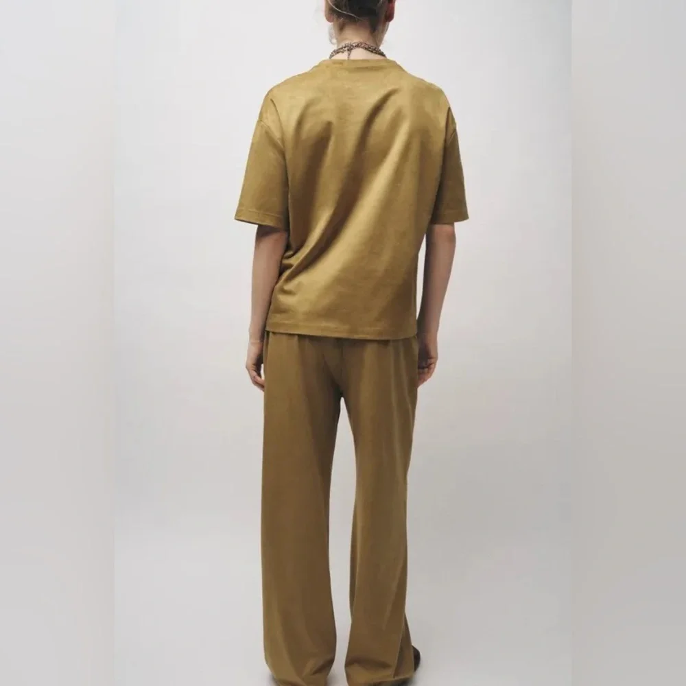 Zara NWT 2 piece matching SET tan faux suede tee shirt & wide leg pants